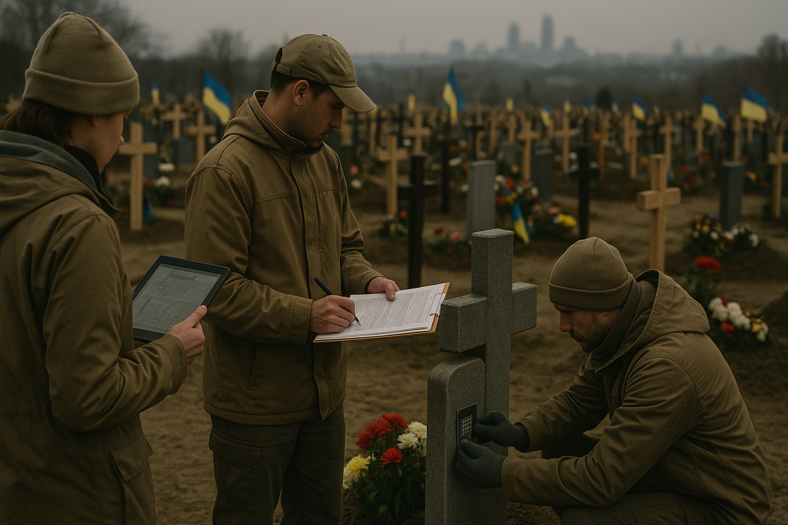 Польова команда позначає могили для цифрового військового меморіалу України з QR‑плашками