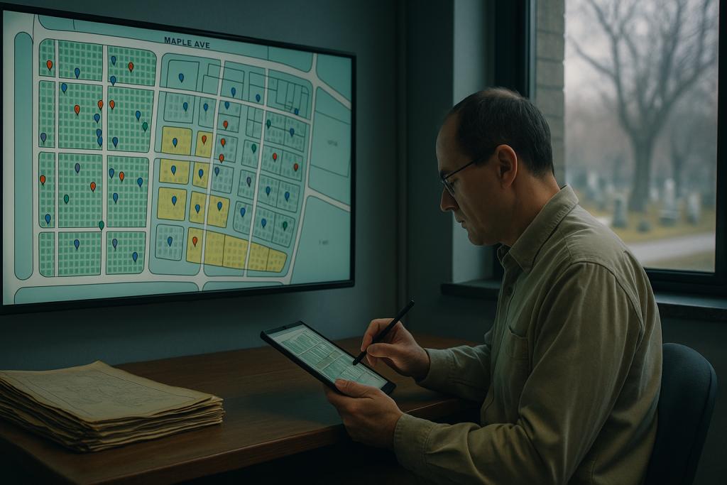 Цифрове кладовище України: редакційний кадр з картою поховань у GIS-кімнаті