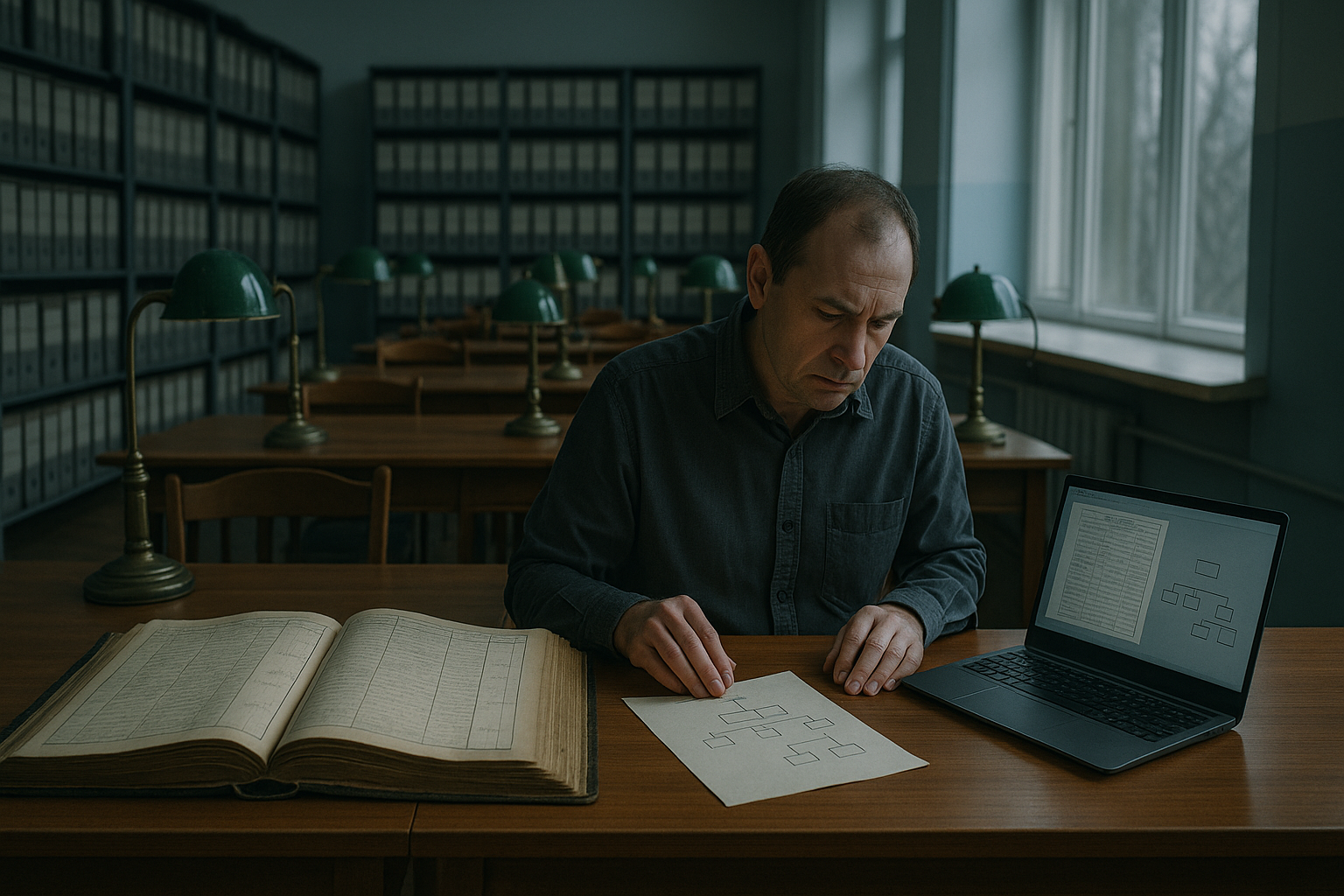 Пошук людини в архівах: дослідник працює з метричною книгою та цифровими копіями