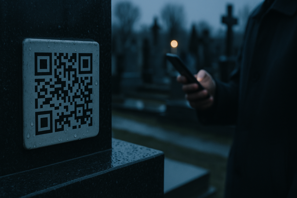 Як працює QR-код на пам’ятнику: плитка з QR на граніті, людина сканує