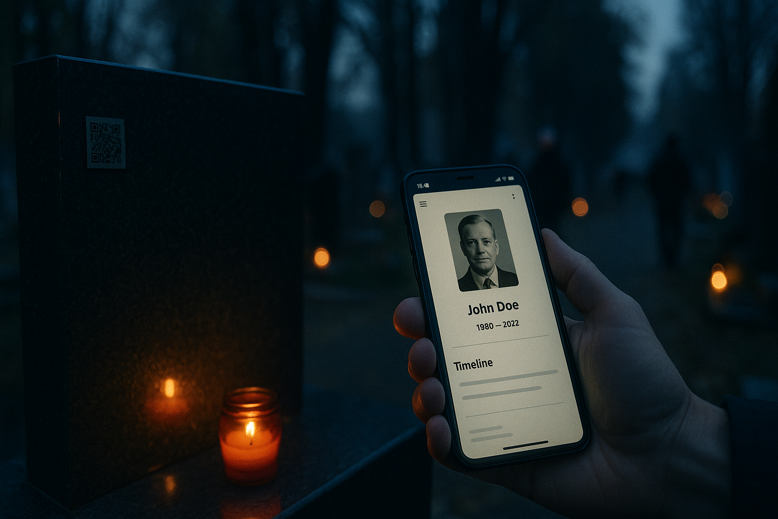 Сторінка пам’яті для батьків на смартфоні поруч із QR‑кодом на пам’ятнику