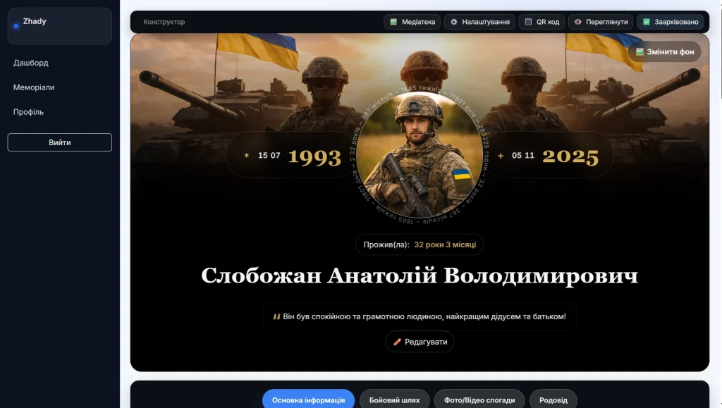 редагування сторінки пам’яті героя у сервісі Zhady цифровий меморіал