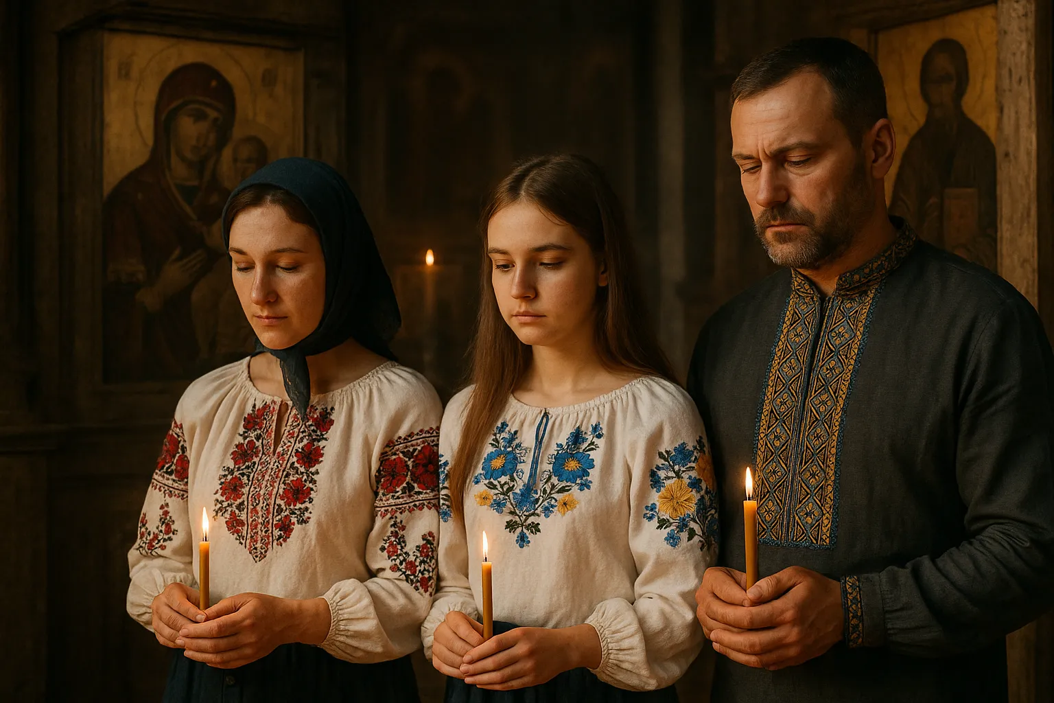Родина на поминальній службі в церкві, що ілюструє панахида це обряд пам’яті