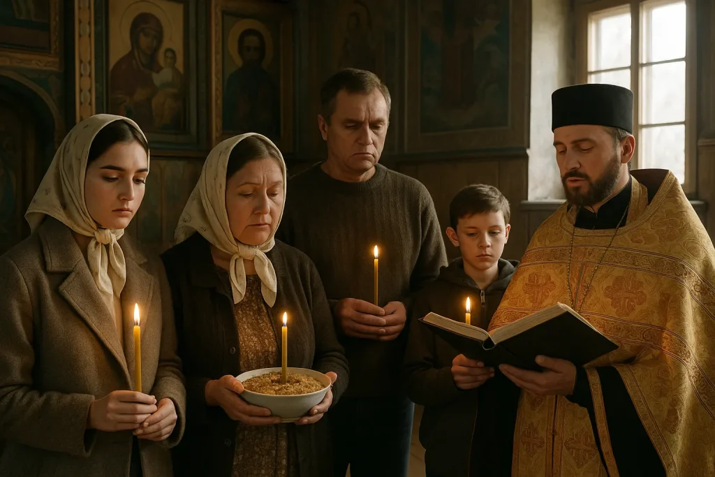 Як провести панахиду в церкві: родина на поминальній службі зі свічками
