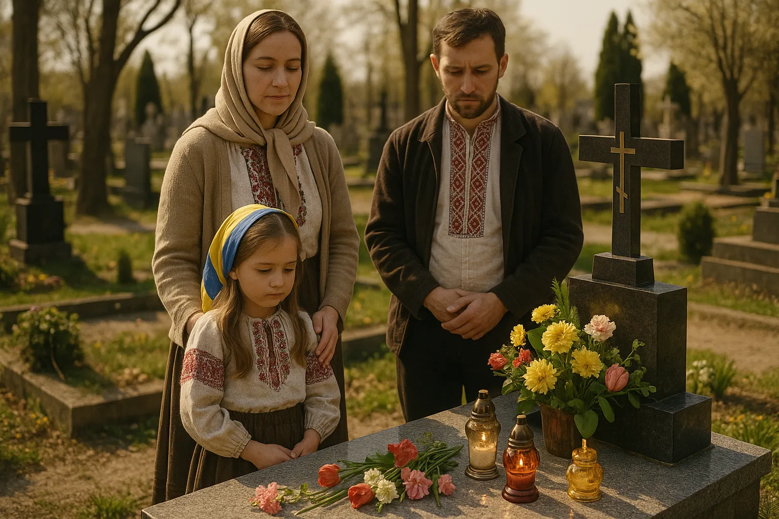Родина доглядає гробки на кладовищі під час поминального дня в Україні