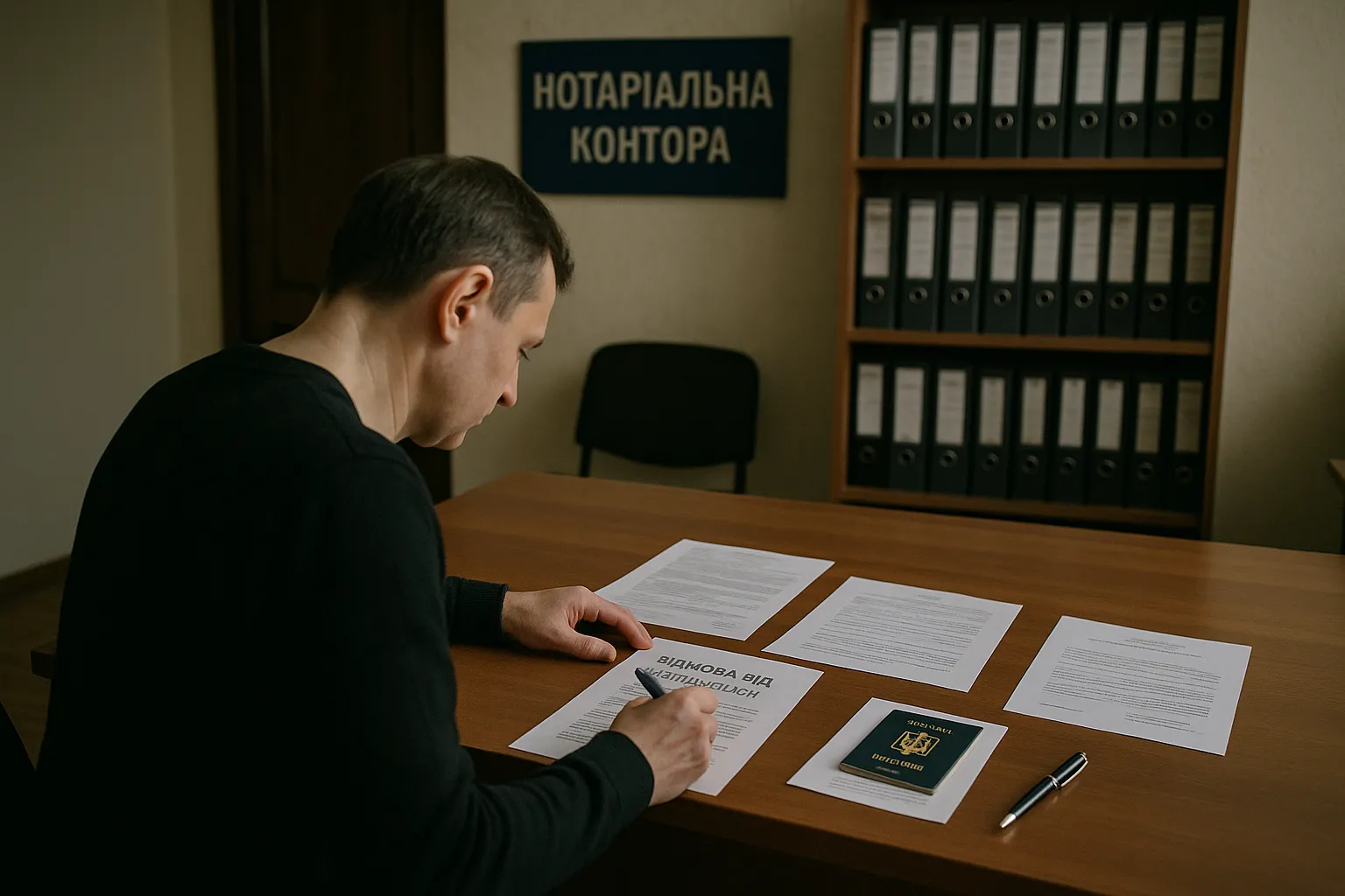 Людина подає заяву нотаріусу, пояснення як відмовитися від спадщини в Україні