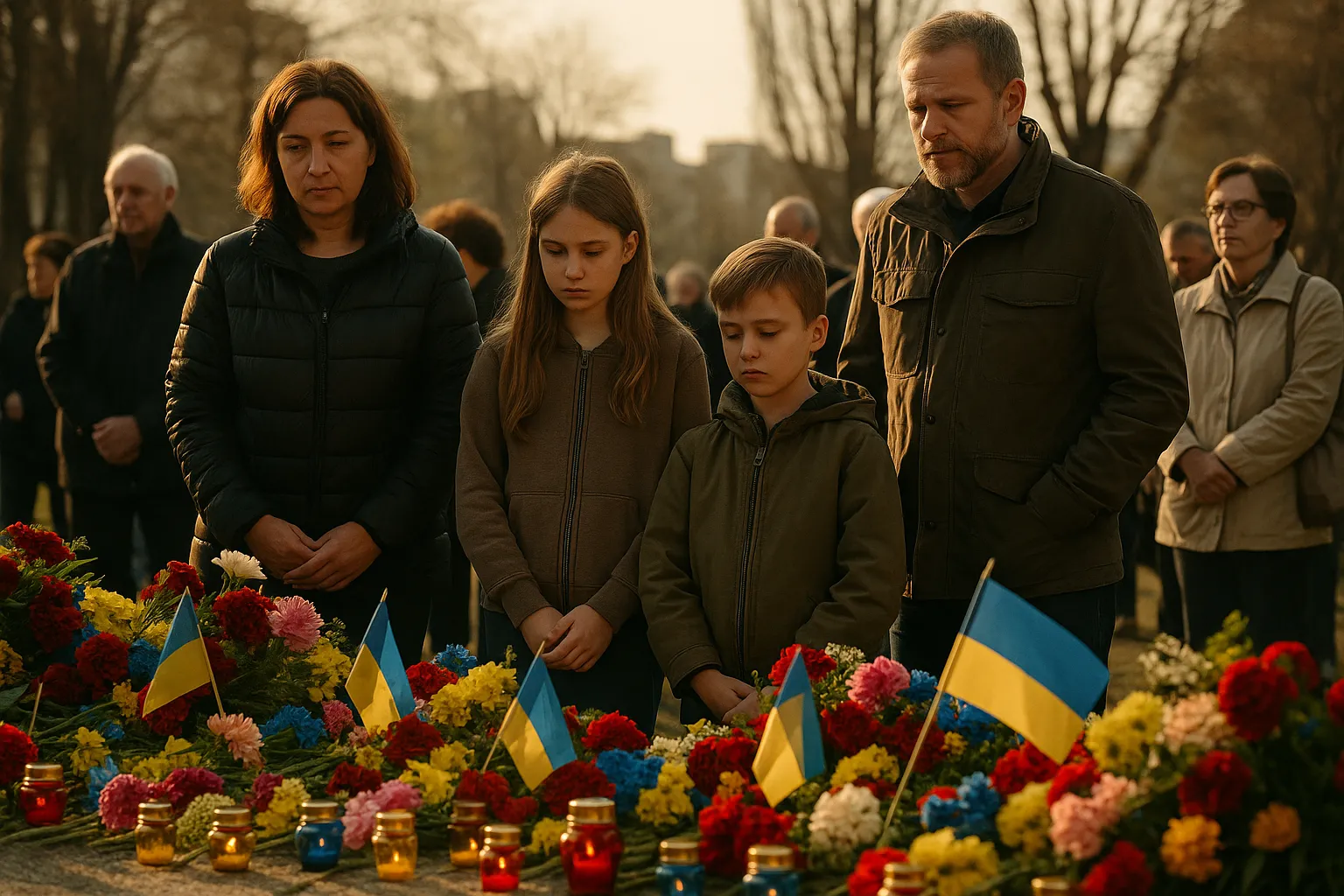 Люди вшановують коли день пам'яті захисників України біля меморіалу