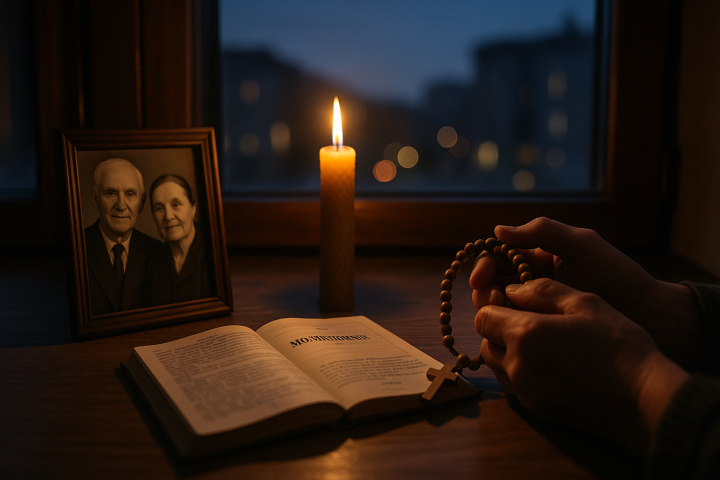 Тиха вечерня молитва за померлих батьків біля запаленої свічки та фото