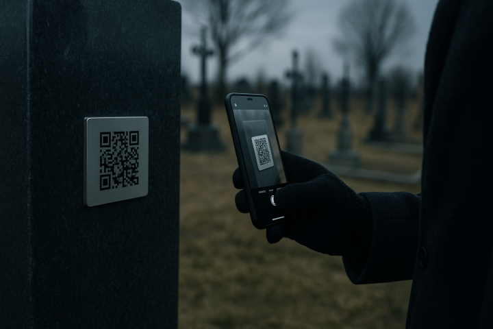 QR-код на могилі на металевій табличці, смартфон сканує код на пам’ятнику