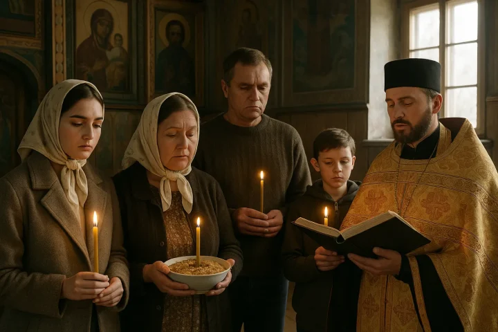 Як провести панахиду в церкві: родина на поминальній службі зі свічками