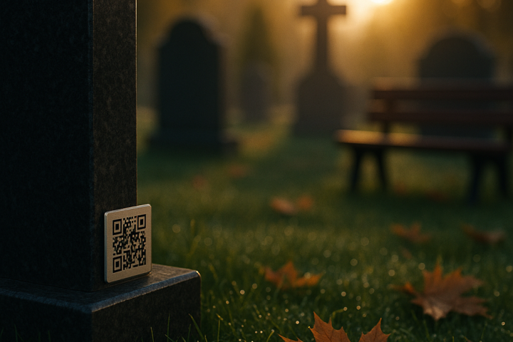 Металева табличка з QR-кодом на пам'ятник, встановлена на граніті