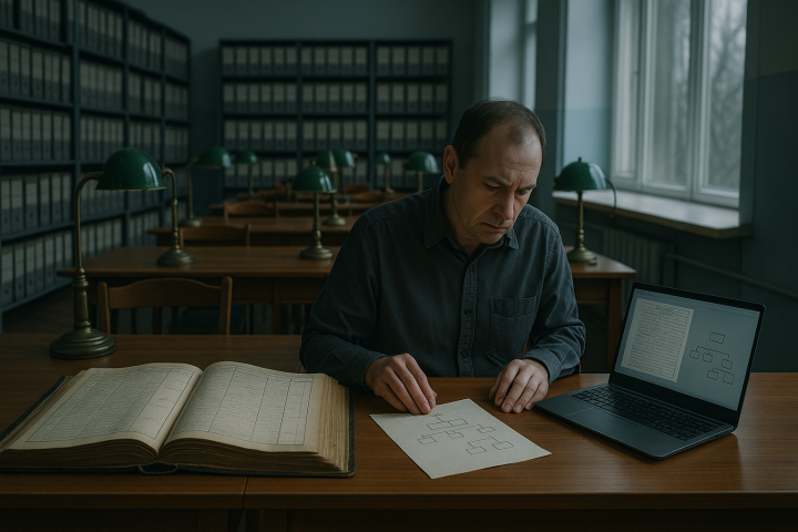 Пошук людини в архівах: дослідник працює з метричною книгою та цифровими копіями