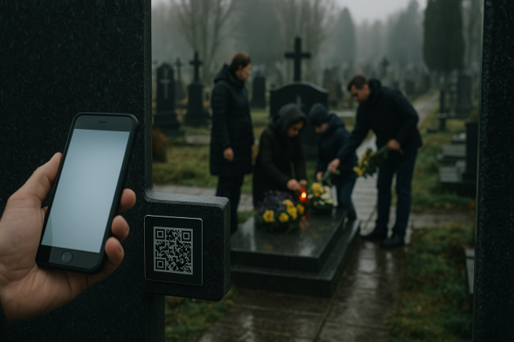 Річниця смерті: родина біля могили, запалені свічки та QR-пам’ятка на пам’ятнику